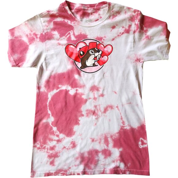 Buc-ee's Women's ROAD TO MY HEART BEAVER NUGGETS Pink Tie Dye T-Shirt Sz Small - Picture 1 of 5